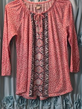 Lucky Brand Red & Blue Boho Lace trim Tunic Tie Top Sz M